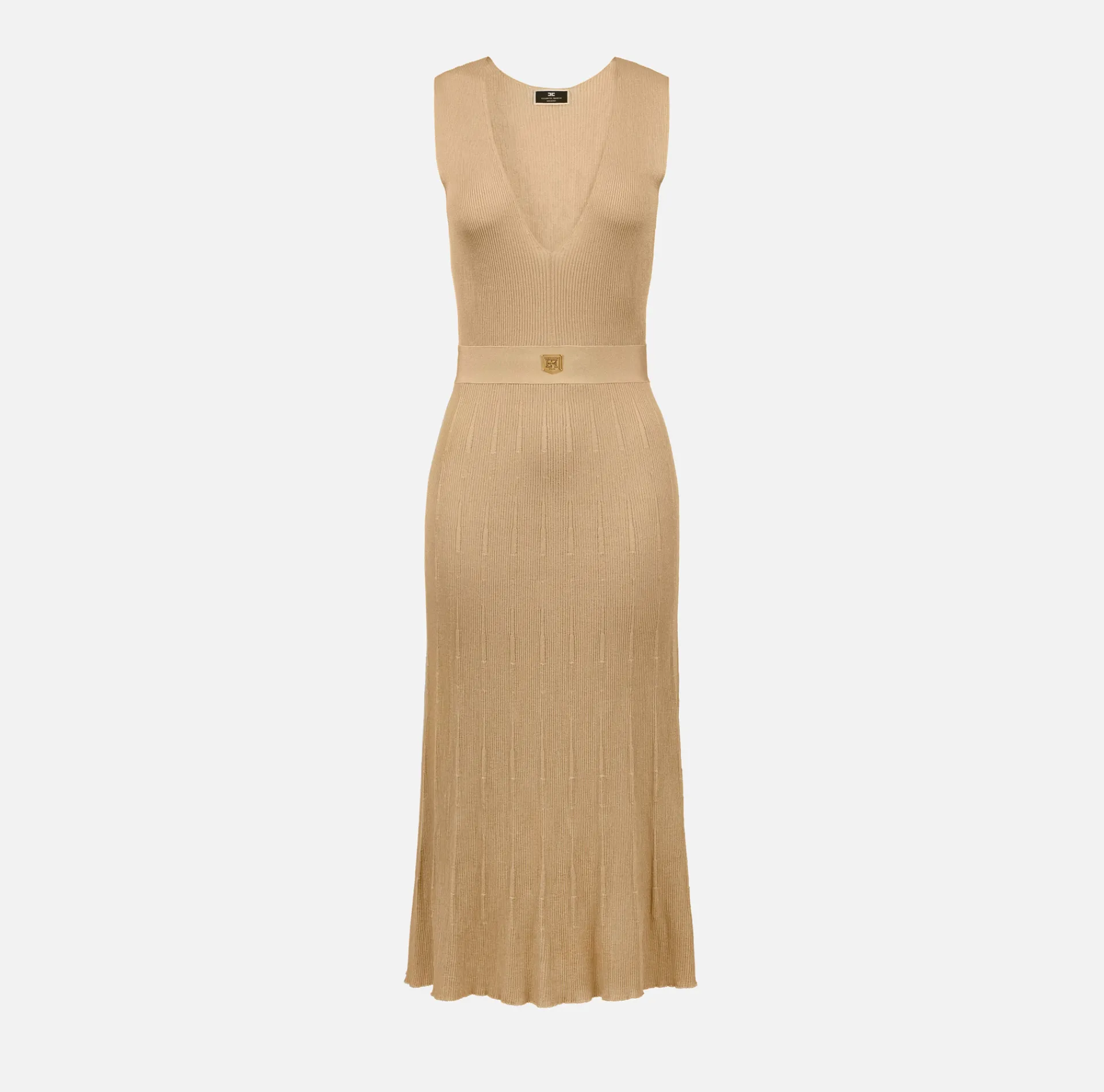 Elisabetta Franchi Midi Dresses|Knitted Dresses|Midi dress in pleated rib viscose fabric Cream
