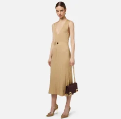 Elisabetta Franchi Midi Dresses|Knitted Dresses|Midi dress in pleated rib viscose fabric Cream