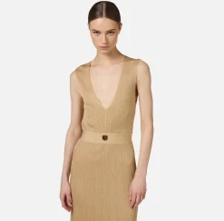 Elisabetta Franchi Midi Dresses|Knitted Dresses|Midi dress in pleated rib viscose fabric Cream