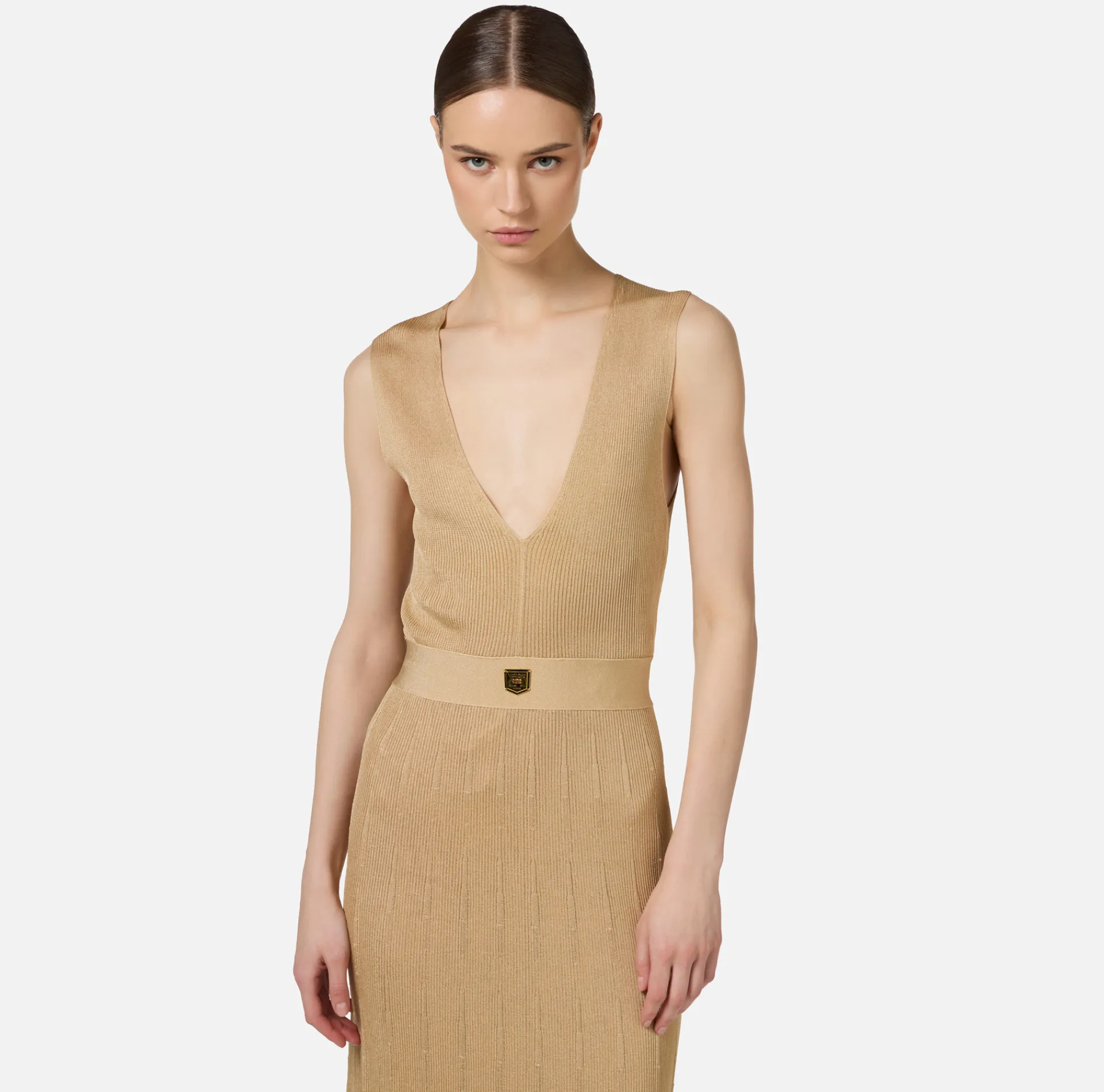 Elisabetta Franchi Midi Dresses|Knitted Dresses|Midi dress in pleated rib viscose fabric Cream
