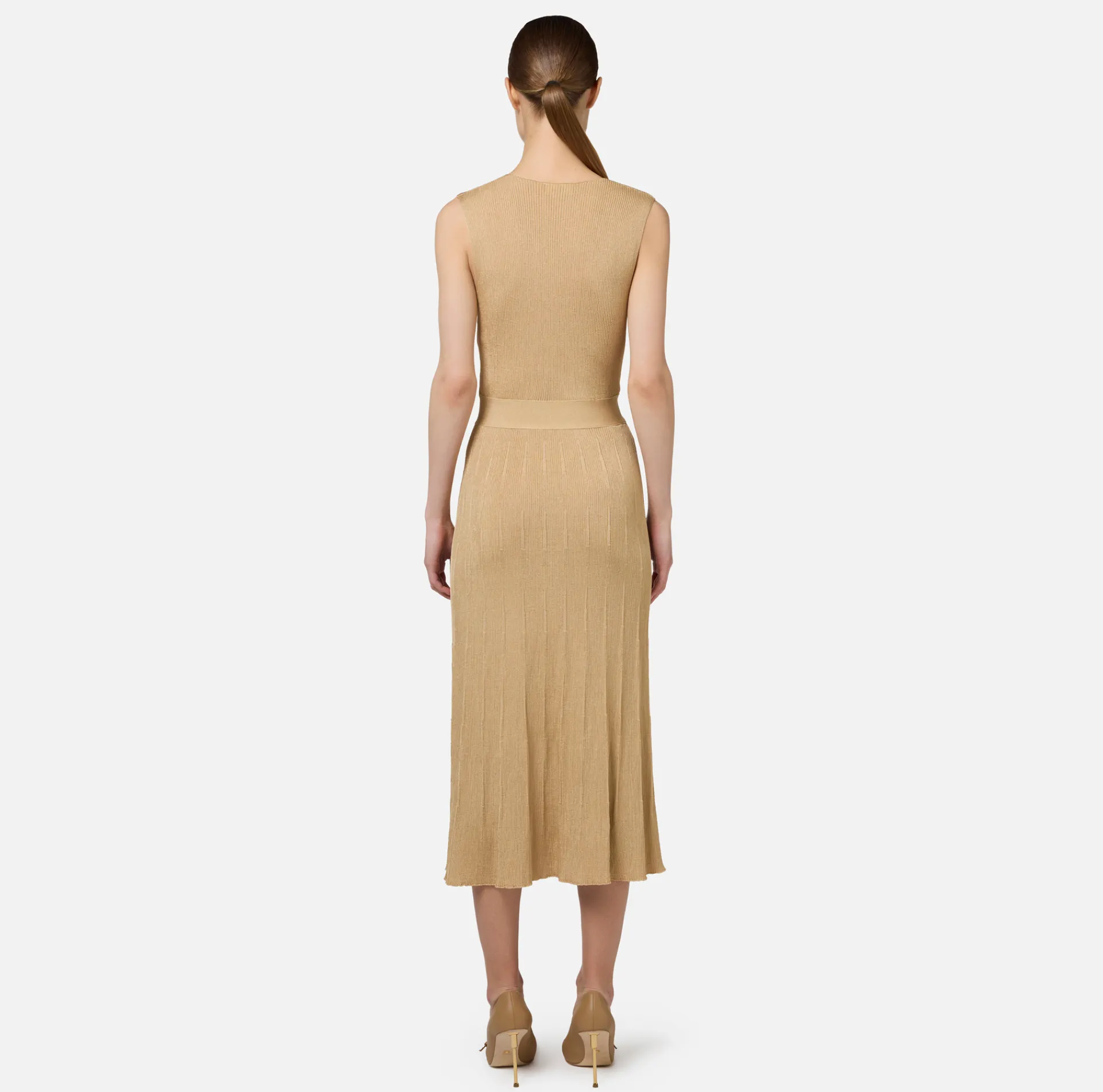 Elisabetta Franchi Midi Dresses|Knitted Dresses|Midi dress in pleated rib viscose fabric Cream