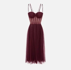 Elisabetta Franchi Dresses|Midi Dresses|Midi dress in pleated tulle fabric RougeNoir
