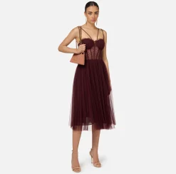 Elisabetta Franchi Dresses|Midi Dresses|Midi dress in pleated tulle fabric RougeNoir