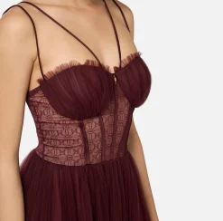 Elisabetta Franchi Dresses|Midi Dresses|Midi dress in pleated tulle fabric RougeNoir