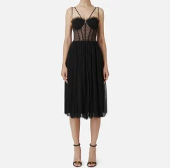 Elisabetta Franchi Dresses|Midi Dresses|Midi dress in pleated tulle fabric Black