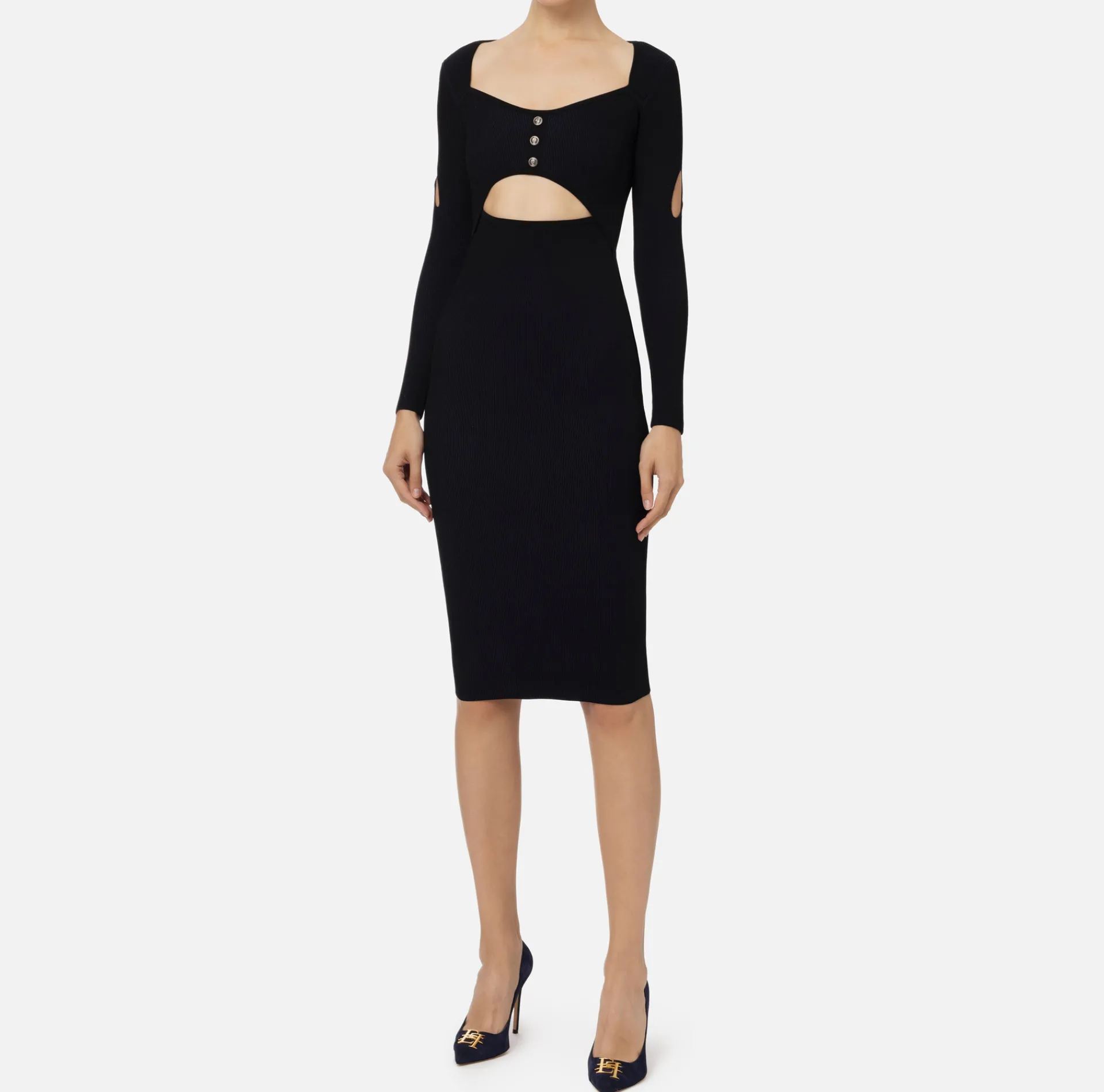 Elisabetta Franchi Midi Dresses|Knitted Dresses|Midi dress in ribbed viscose fabric with cut-out Black/Navy