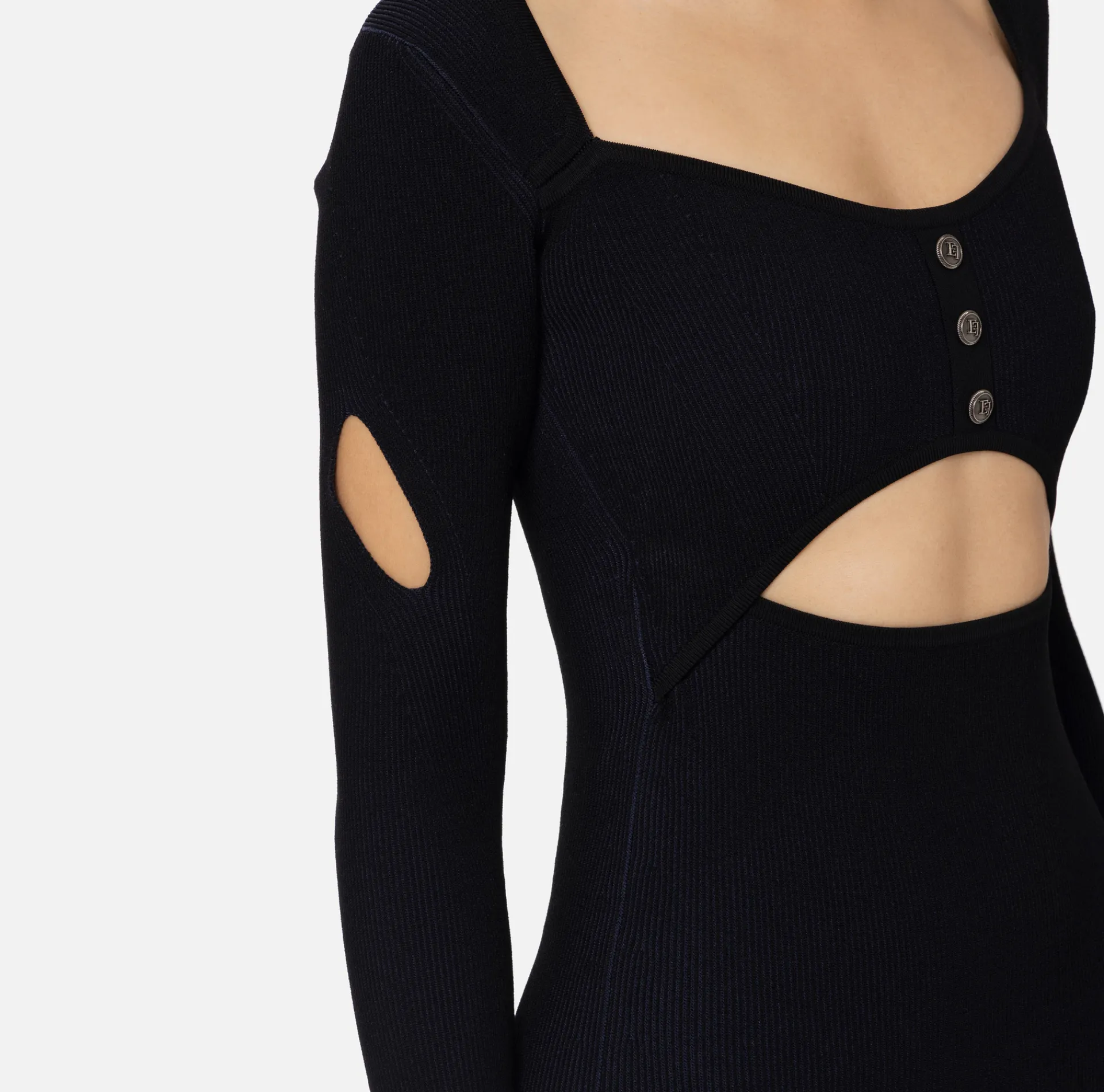 Elisabetta Franchi Midi Dresses|Knitted Dresses|Midi dress in ribbed viscose fabric with cut-out Black/Navy