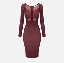 Elisabetta Franchi Midi Dresses|Knitted Dresses|Midi dress in ribbed viscose fabric with cut-out RougeNoir/Blush