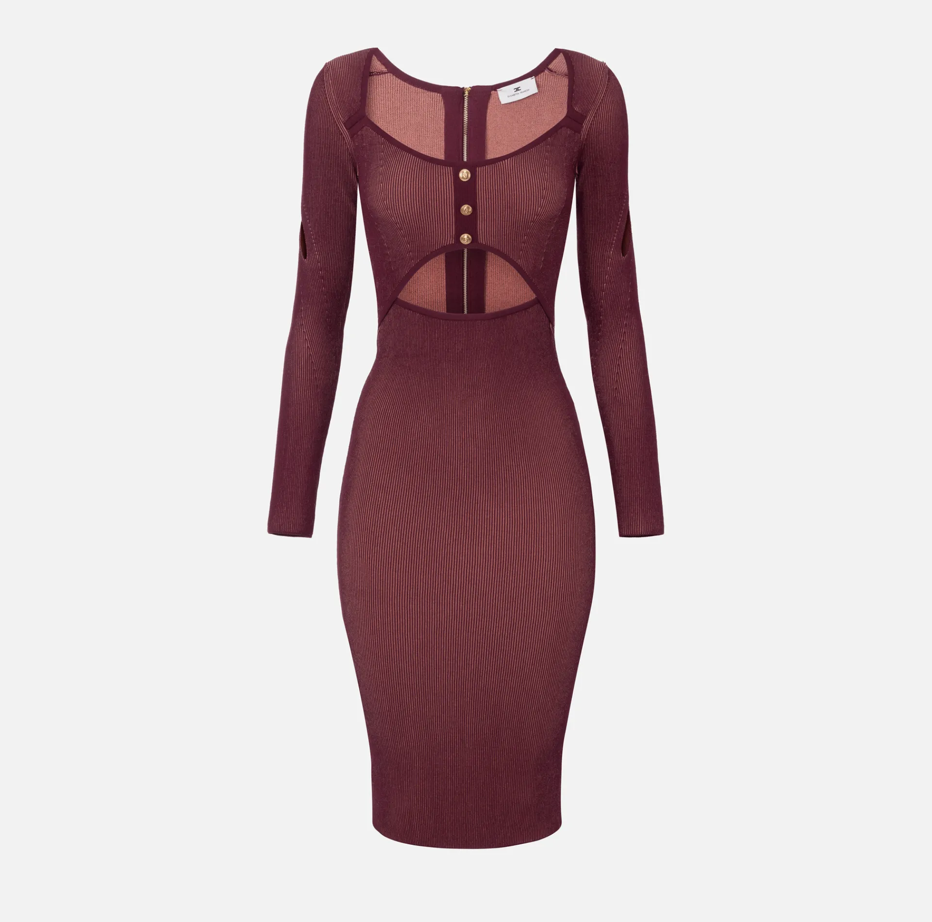 Elisabetta Franchi Midi Dresses|Knitted Dresses|Midi dress in ribbed viscose fabric with cut-out RougeNoir/Blush