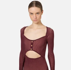 Elisabetta Franchi Midi Dresses|Knitted Dresses|Midi dress in ribbed viscose fabric with cut-out RougeNoir/Blush