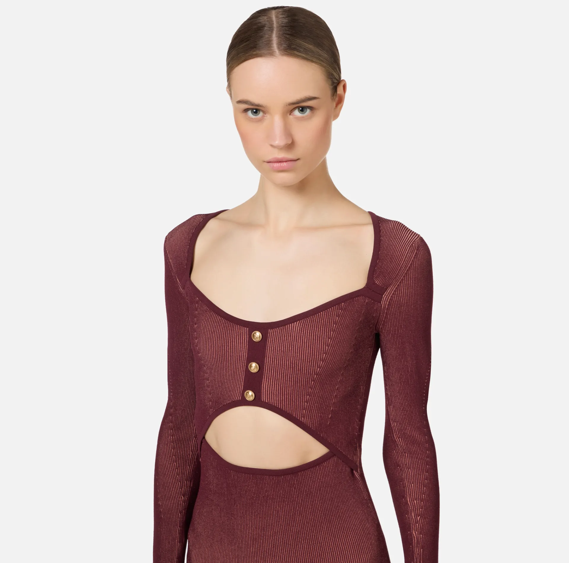 Elisabetta Franchi Midi Dresses|Knitted Dresses|Midi dress in ribbed viscose fabric with cut-out RougeNoir/Blush