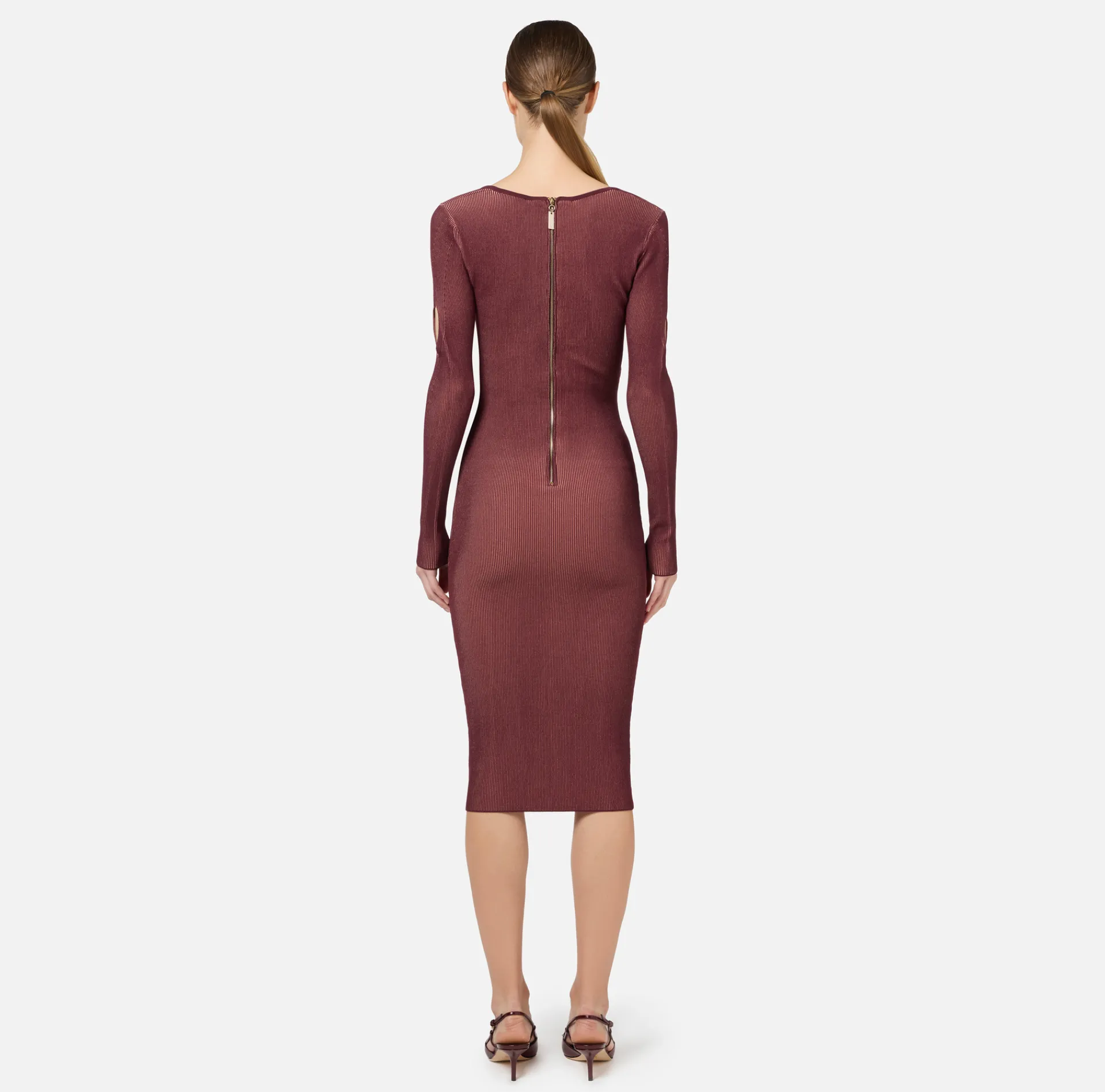 Elisabetta Franchi Midi Dresses|Knitted Dresses|Midi dress in ribbed viscose fabric with cut-out RougeNoir/Blush