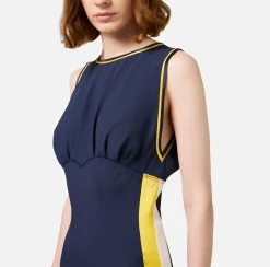 Elisabetta Franchi Midi Dresses|Dresses|Midi dress in satin fabric with bands Navy/Mimosa/Butter