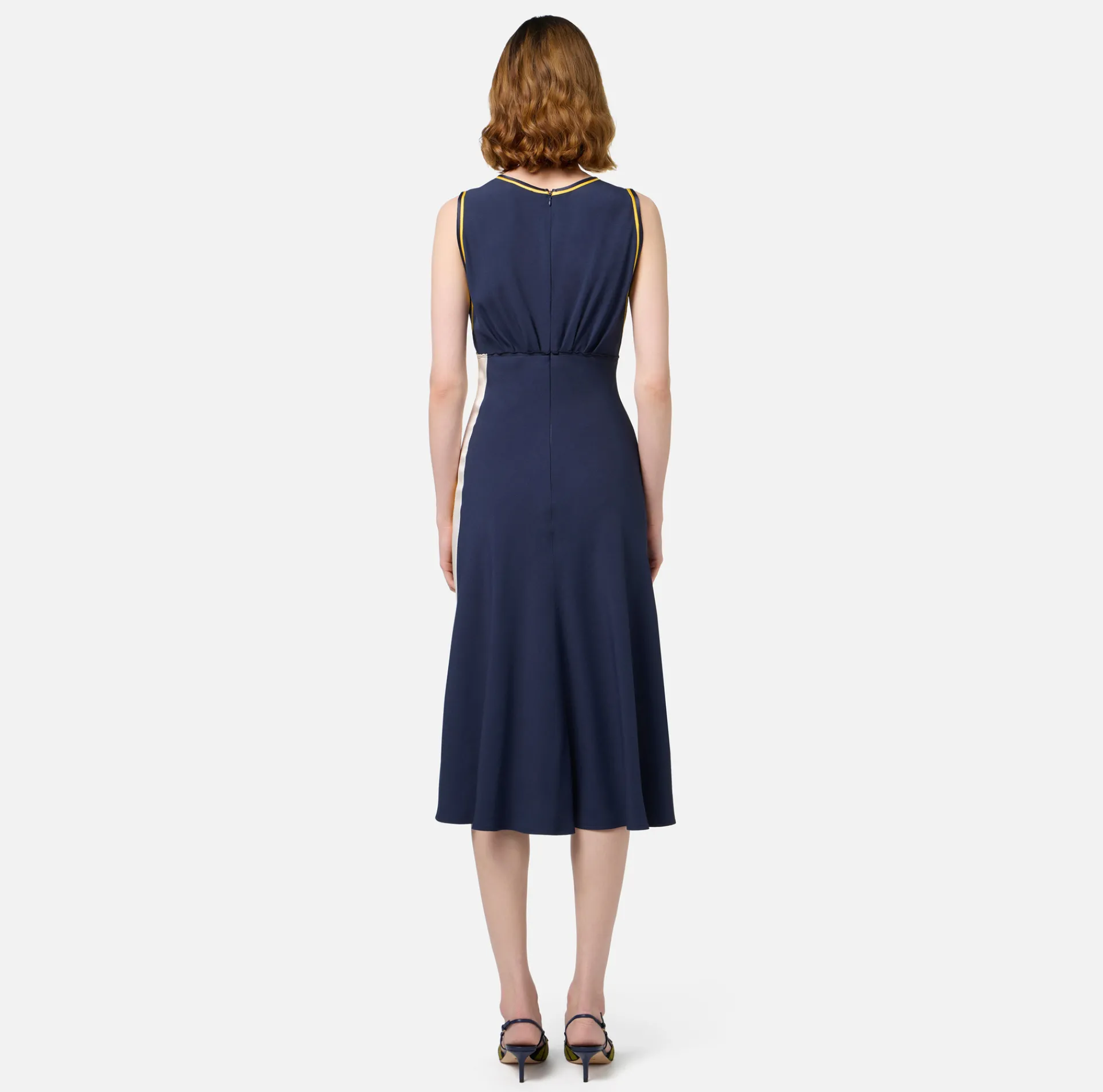 Elisabetta Franchi Midi Dresses|Dresses|Midi dress in satin fabric with bands Navy/Mimosa/Butter