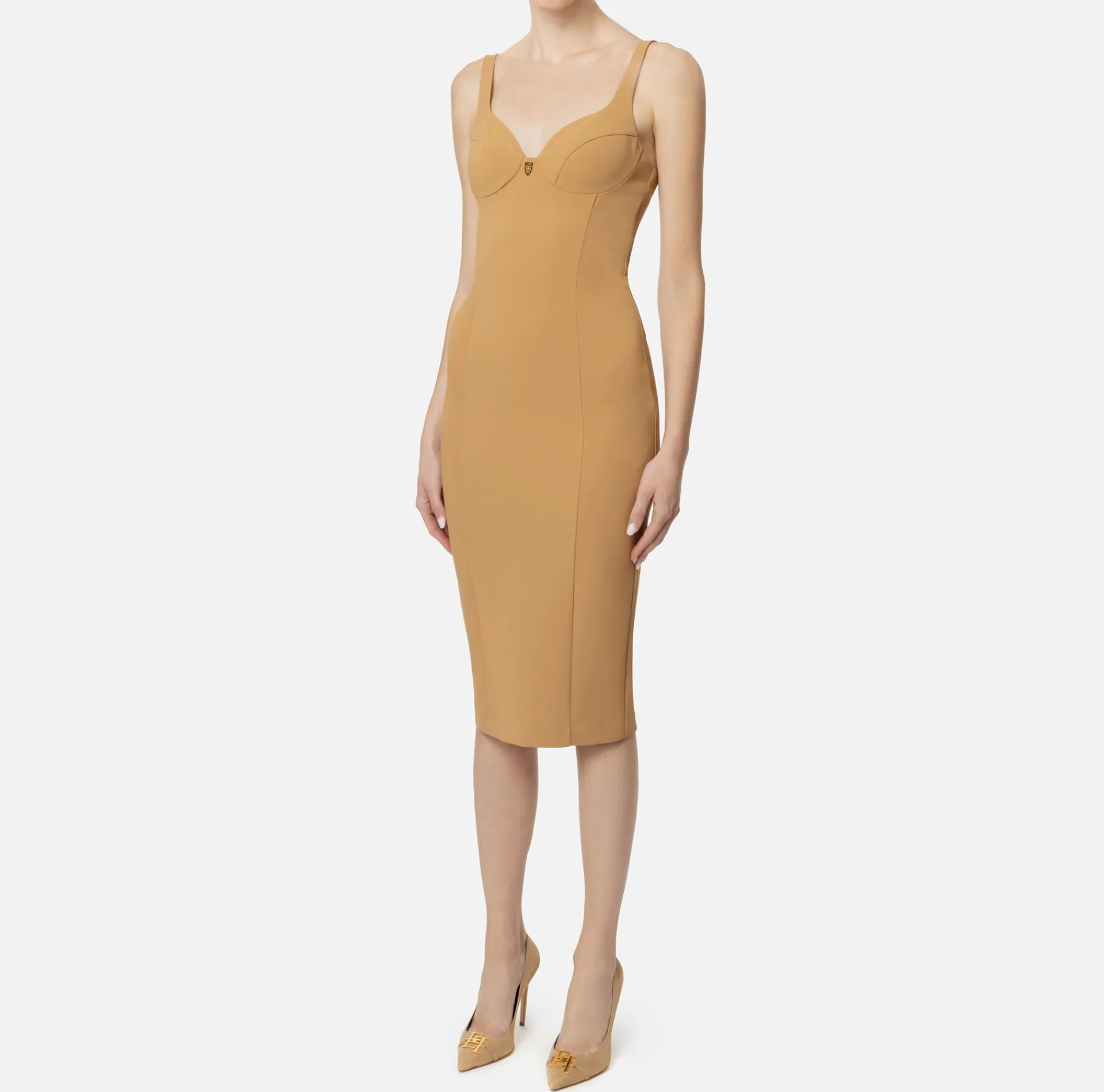 Elisabetta Franchi Sheath Dresses|Midi Dresses|Midi dress in stretch crêpe fabric with cup cut Camel