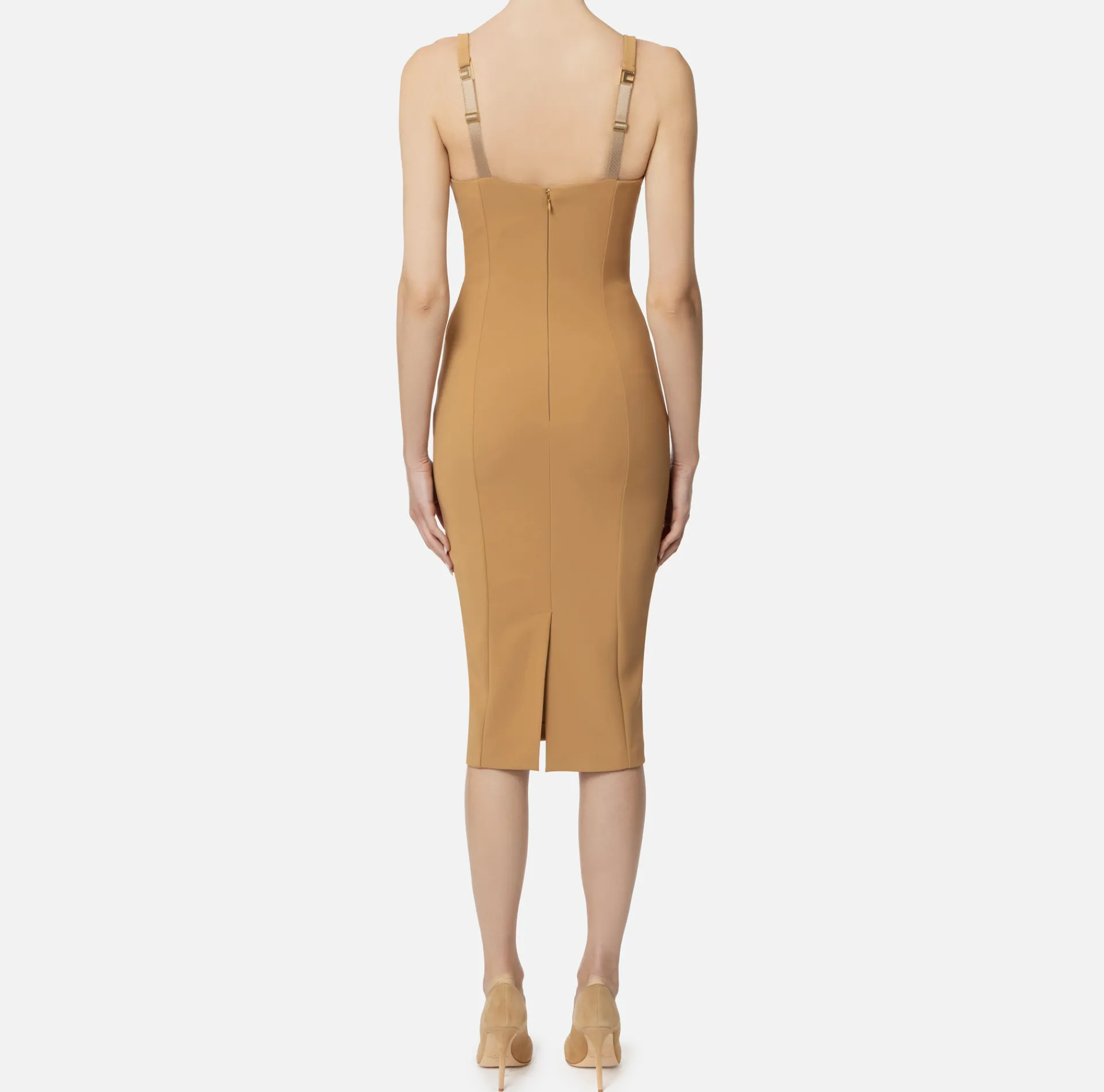 Elisabetta Franchi Sheath Dresses|Midi Dresses|Midi dress in stretch crêpe fabric with cup cut Camel