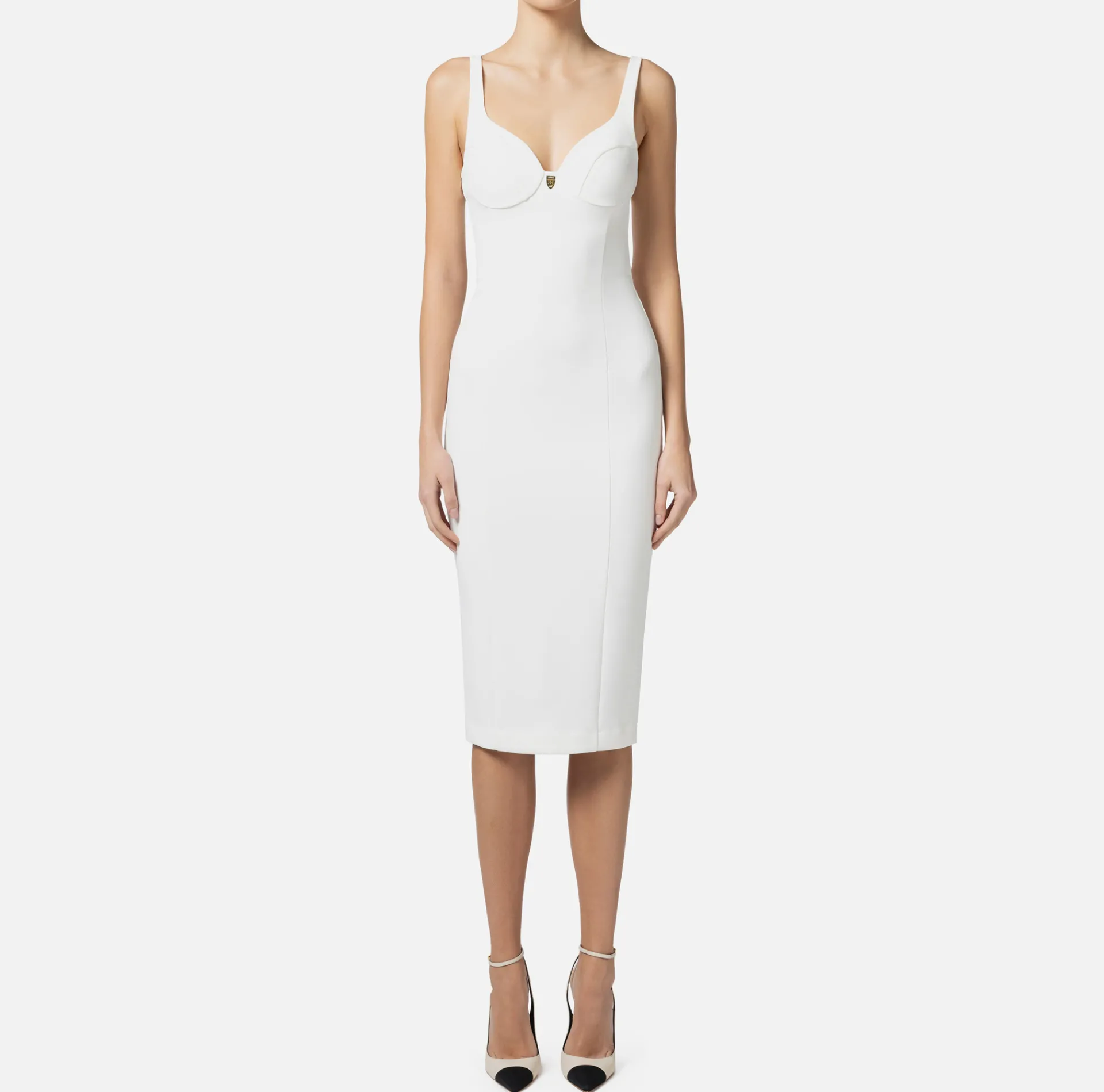 Elisabetta Franchi Sheath Dresses|Midi Dresses|Midi dress in stretch crêpe fabric with cup cut Ivory