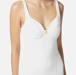 Elisabetta Franchi Sheath Dresses|Midi Dresses|Midi dress in stretch crêpe fabric with cup cut Ivory