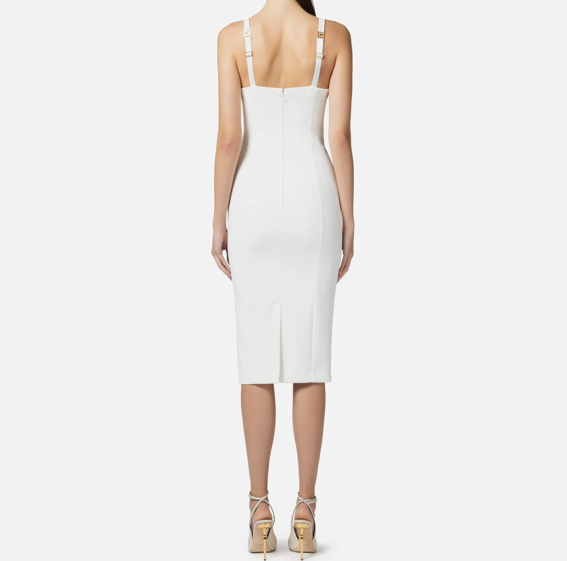 Elisabetta Franchi Sheath Dresses|Midi Dresses|Midi dress in stretch crêpe fabric with cup cut Ivory