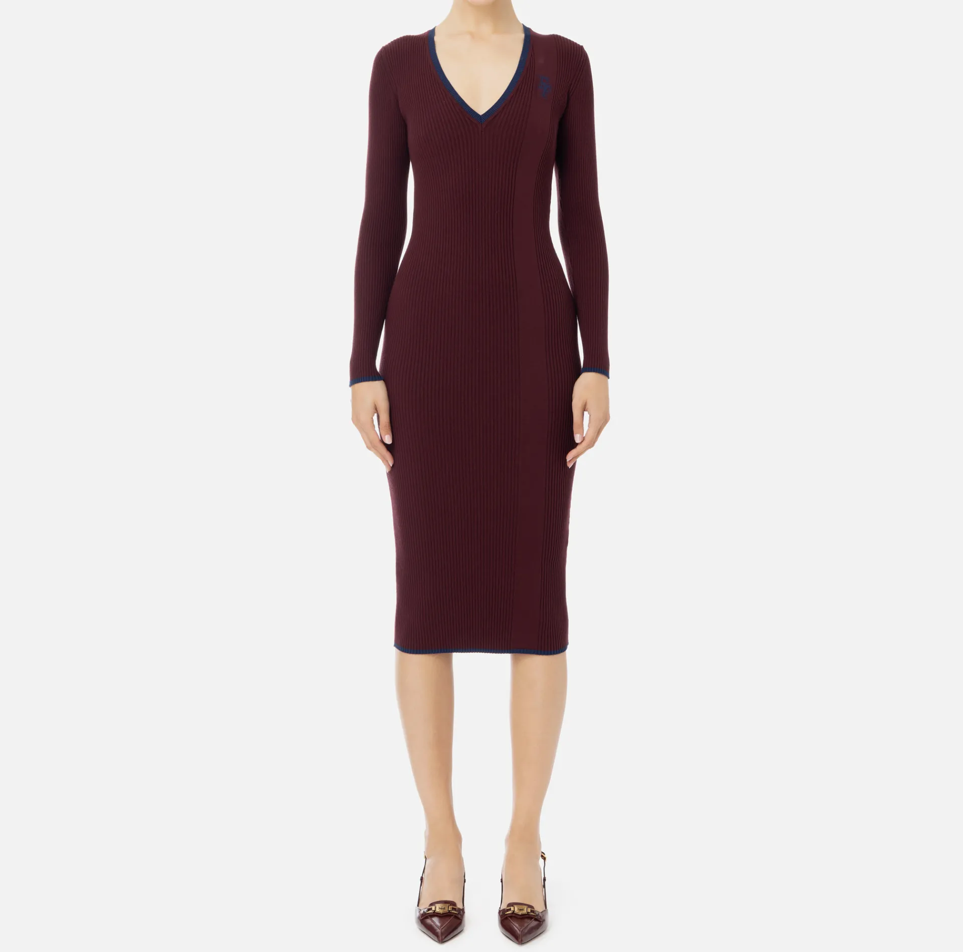 Elisabetta Franchi Midi Dresses|Knitted Dresses|Midi dress in viscose fabric with contrasting logo Gold