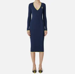 Elisabetta Franchi Midi Dresses|Knitted Dresses|Midi dress in viscose fabric with contrasting logo Navy/Mimosa