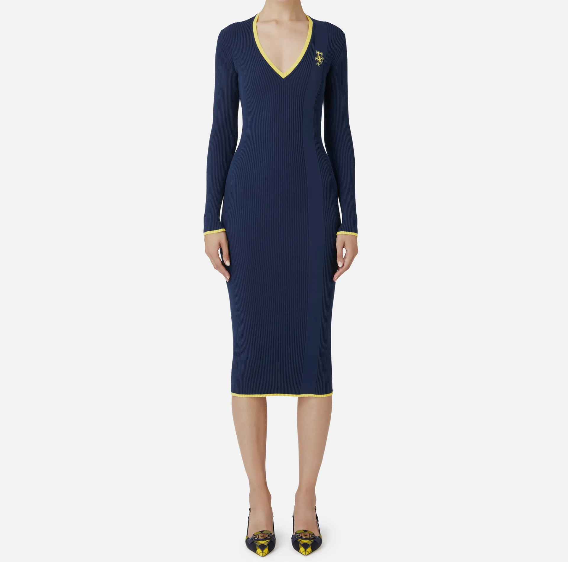 Elisabetta Franchi Midi Dresses|Knitted Dresses|Midi dress in viscose fabric with contrasting logo Navy/Mimosa