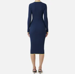 Elisabetta Franchi Midi Dresses|Knitted Dresses|Midi dress in viscose fabric with contrasting logo Navy/Mimosa
