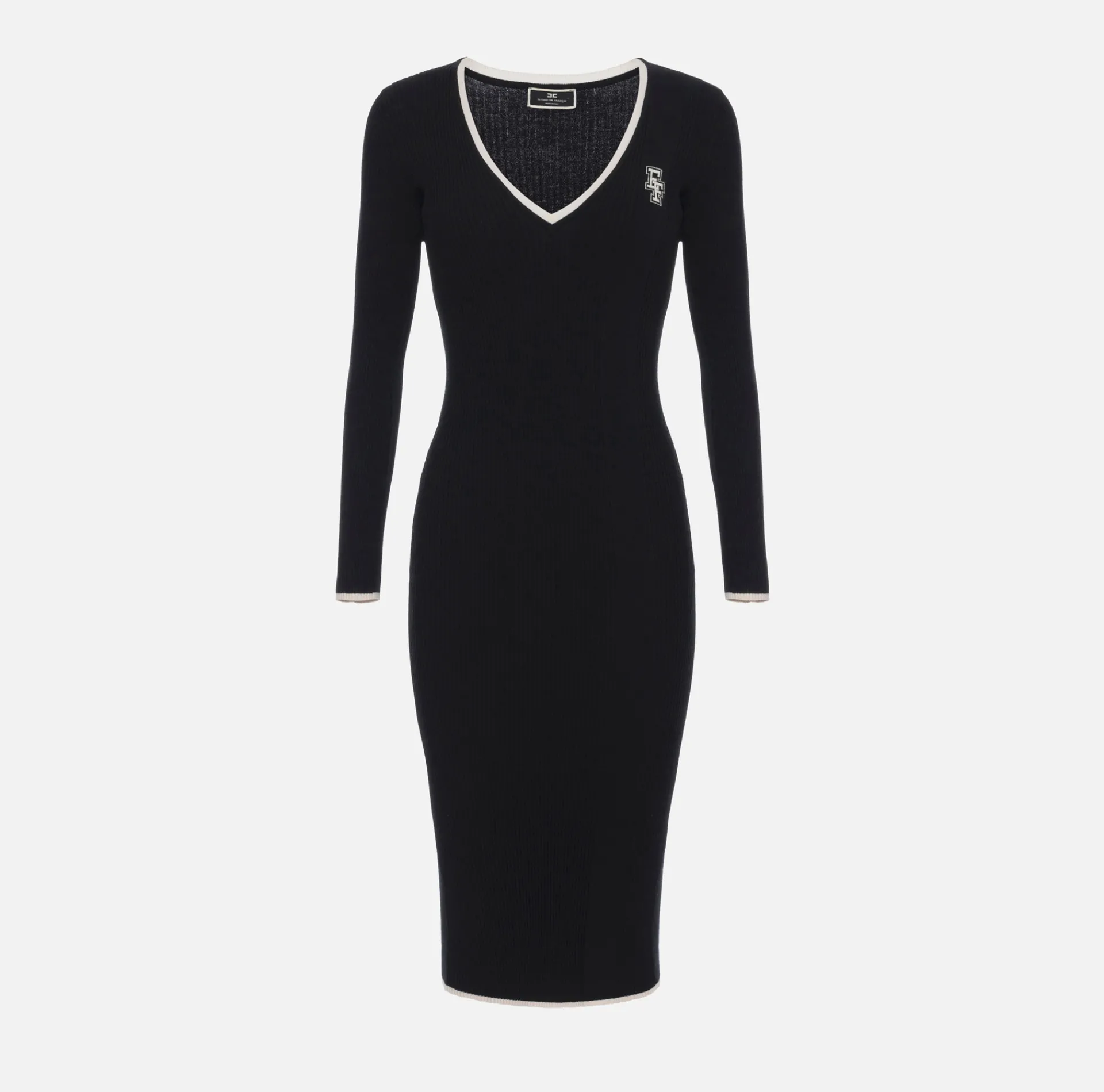 Elisabetta Franchi Midi Dresses|Knitted Dresses|Midi dress in viscose fabric with contrasting logo Black/Butter