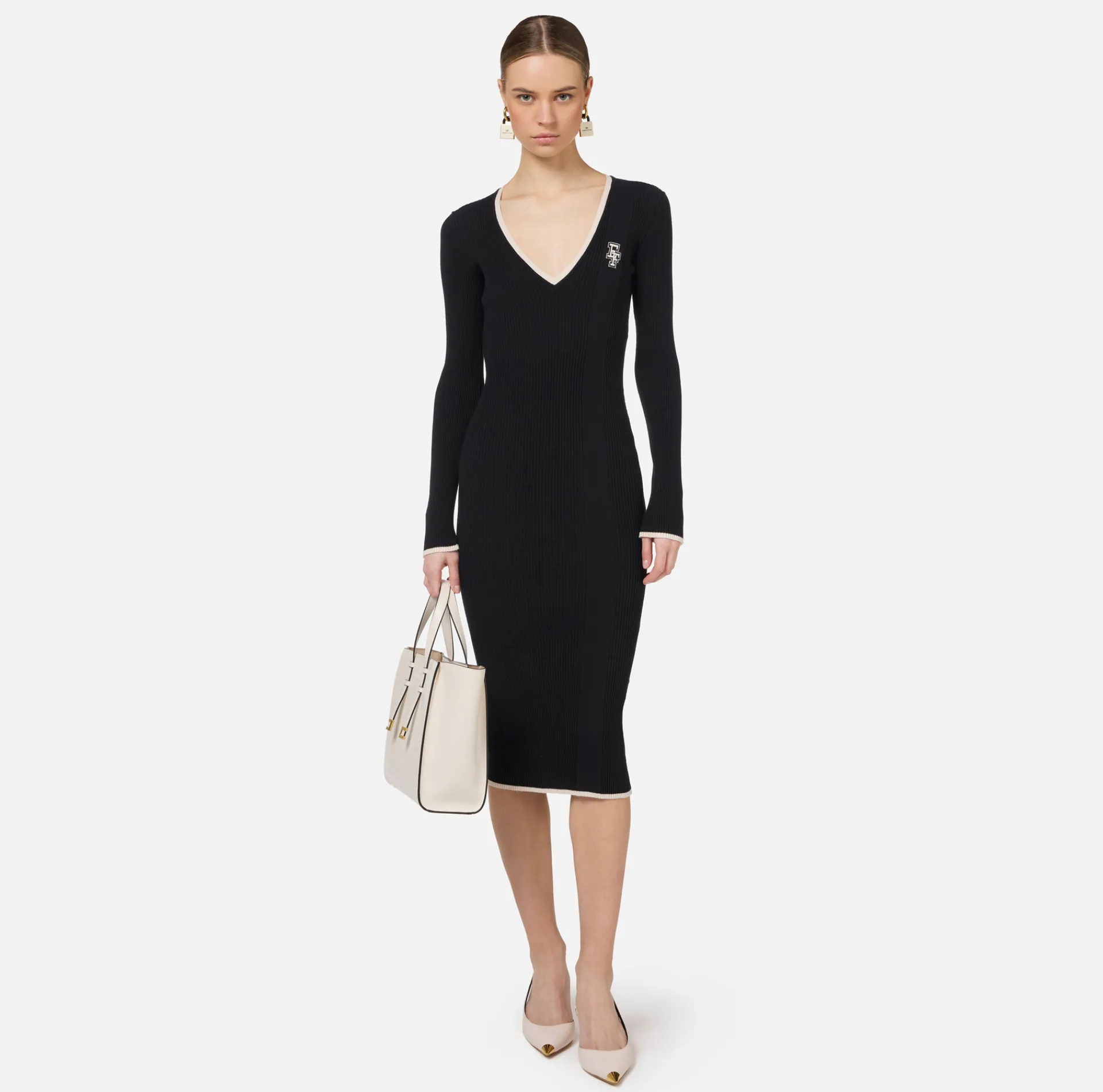 Elisabetta Franchi Midi Dresses|Knitted Dresses|Midi dress in viscose fabric with contrasting logo Black/Butter