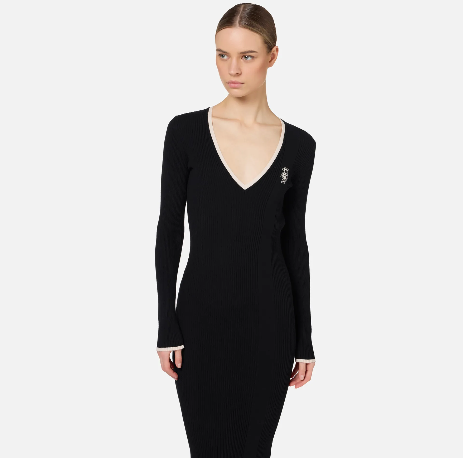 Elisabetta Franchi Midi Dresses|Knitted Dresses|Midi dress in viscose fabric with contrasting logo Black/Butter