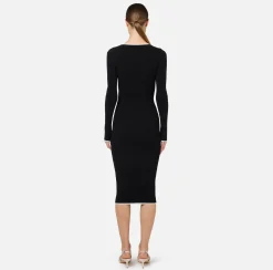 Elisabetta Franchi Midi Dresses|Knitted Dresses|Midi dress in viscose fabric with contrasting logo Black/Butter