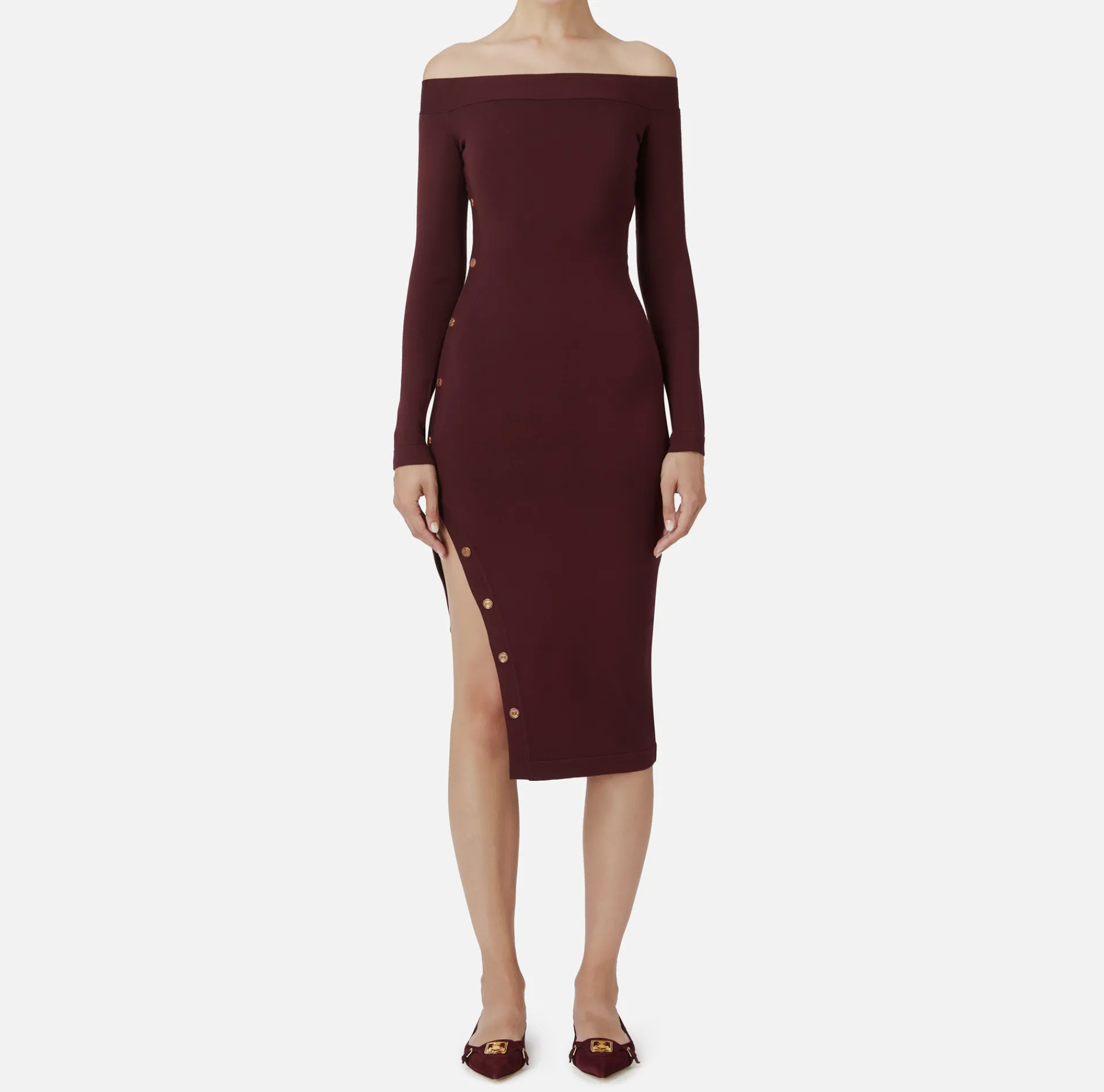 Elisabetta Franchi Midi Dresses|Knitted Dresses|Midi dress in viscose with buttons on the slit RougeNoir