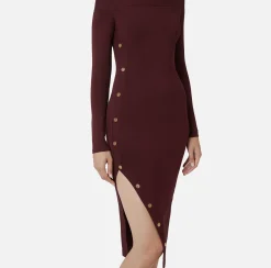 Elisabetta Franchi Midi Dresses|Knitted Dresses|Midi dress in viscose with buttons on the slit RougeNoir