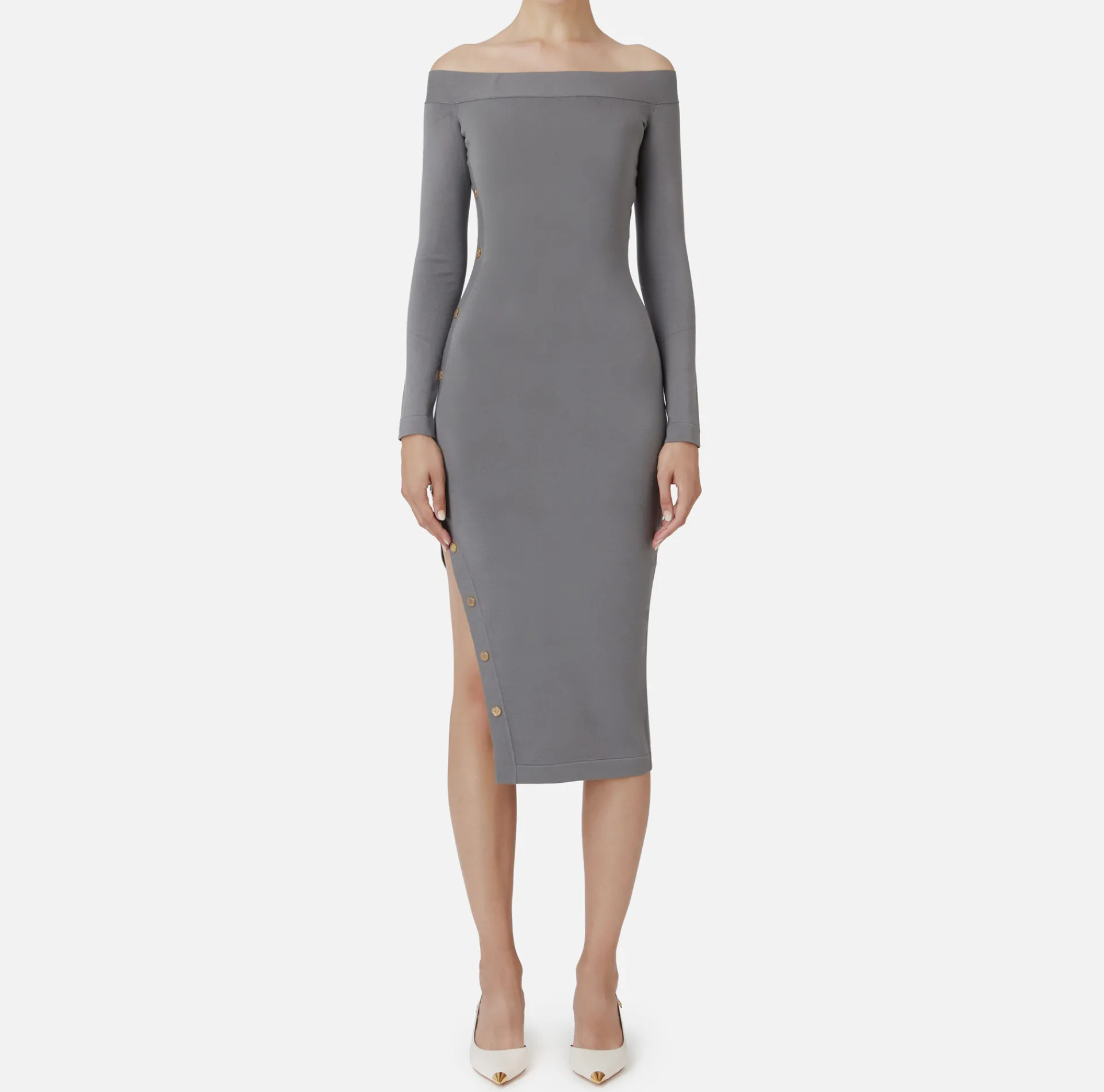 Elisabetta Franchi Midi Dresses|Knitted Dresses|Midi dress in viscose with buttons on the slit Steel