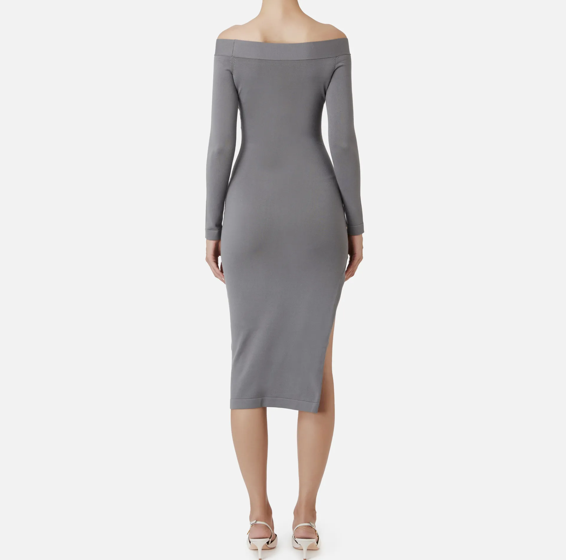 Elisabetta Franchi Midi Dresses|Knitted Dresses|Midi dress in viscose with buttons on the slit Steel