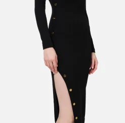 Elisabetta Franchi Midi Dresses|Knitted Dresses|Midi dress in viscose with buttons on the slit Black