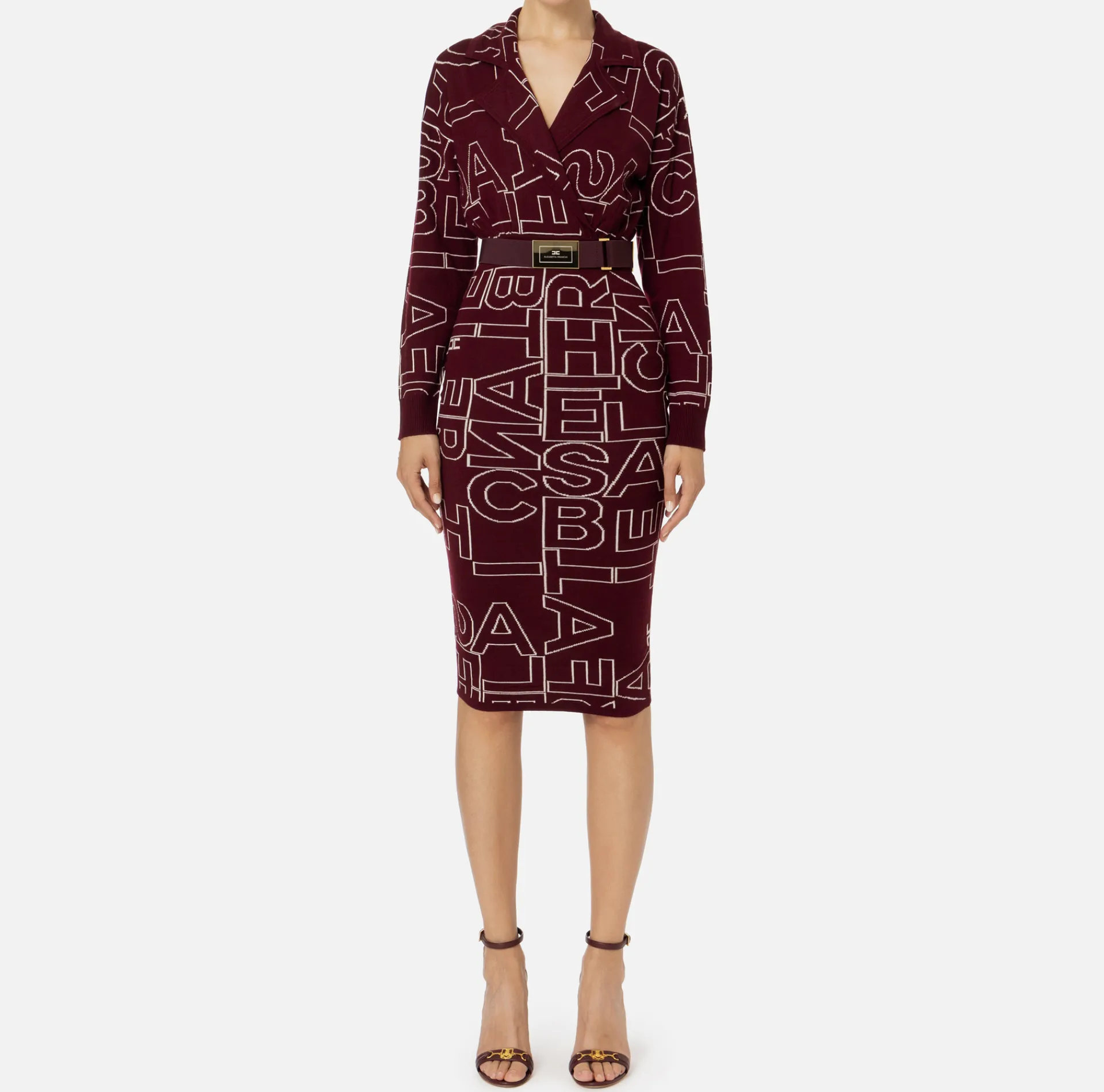 Elisabetta Franchi Midi Dresses|Knitted Dresses|Midi dress in wool blend fabric with lettering RougeNoir/Butter