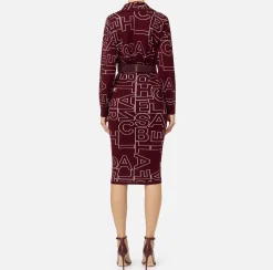 Elisabetta Franchi Midi Dresses|Knitted Dresses|Midi dress in wool blend fabric with lettering RougeNoir/Butter