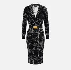Elisabetta Franchi Midi Dresses|Knitted Dresses|Midi dress in wool blend fabric with lettering Black/Butter