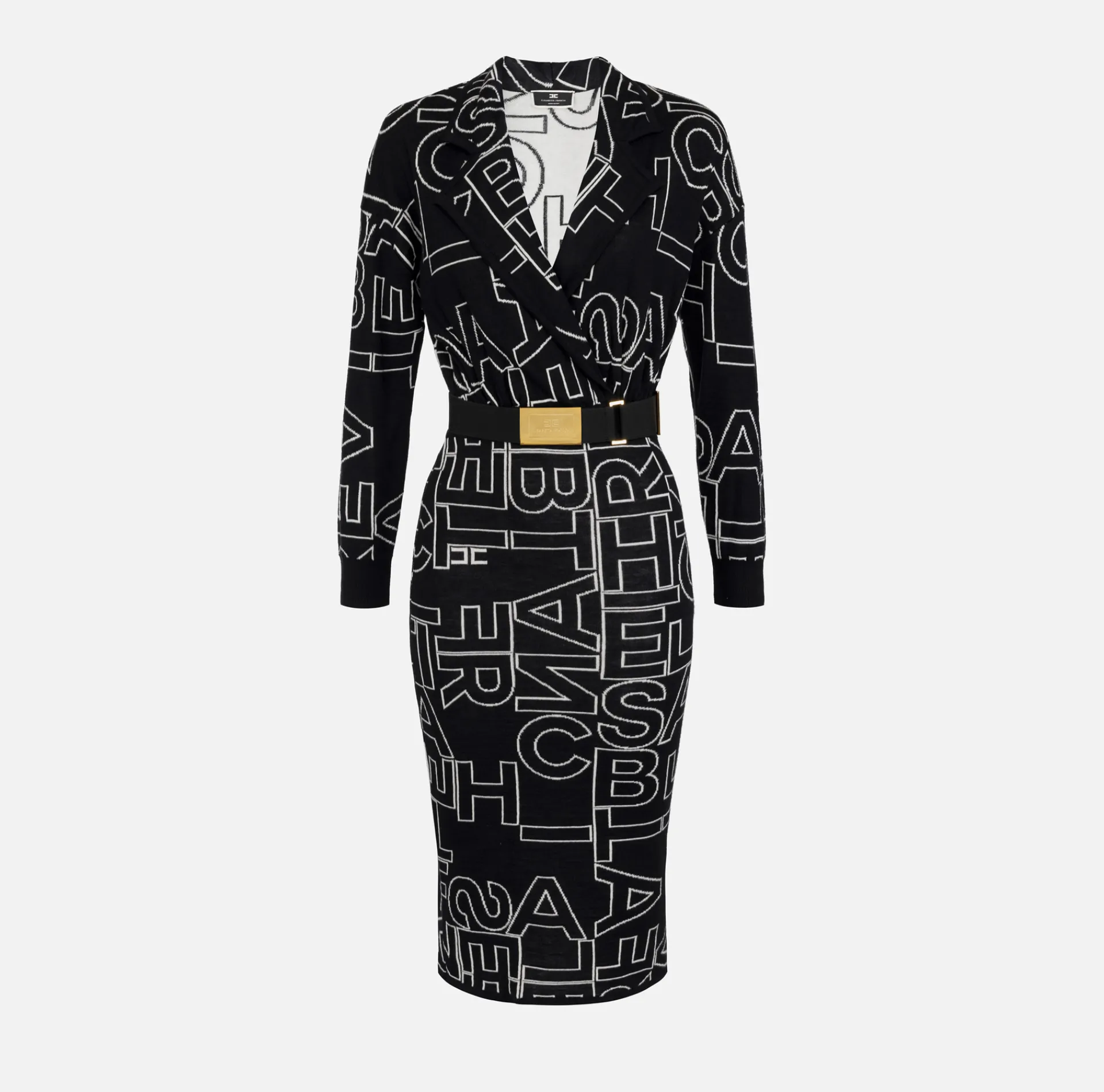 Elisabetta Franchi Midi Dresses|Knitted Dresses|Midi dress in wool blend fabric with lettering Black/Butter