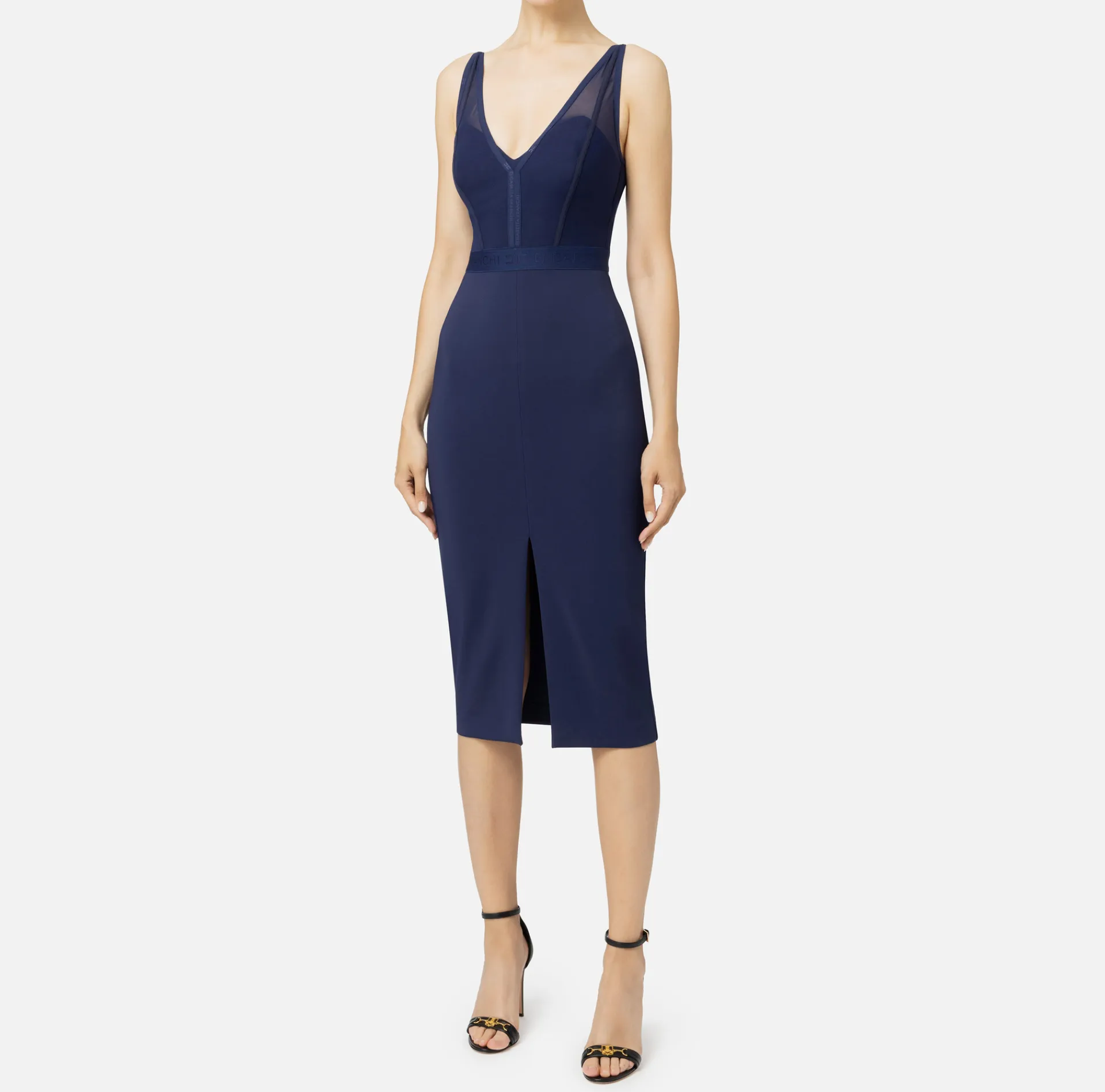 Elisabetta Franchi Midi Dresses|Sheath Dresses|Midi dress with tulle and crêpe bustier top Navy