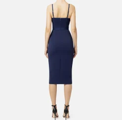 Elisabetta Franchi Midi Dresses|Sheath Dresses|Midi dress with tulle and crêpe bustier top Navy