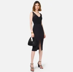 Elisabetta Franchi Midi Dresses|Sheath Dresses|Midi dress with tulle and crêpe bustier top Black