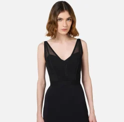 Elisabetta Franchi Midi Dresses|Sheath Dresses|Midi dress with tulle and crêpe bustier top Black
