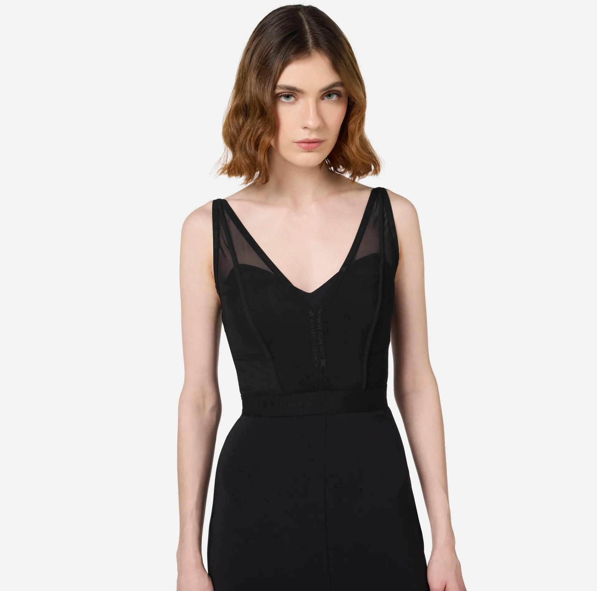 Elisabetta Franchi Midi Dresses|Sheath Dresses|Midi dress with tulle and crêpe bustier top Black