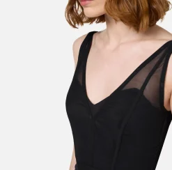 Elisabetta Franchi Midi Dresses|Sheath Dresses|Midi dress with tulle and crêpe bustier top Black