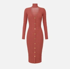 Elisabetta Franchi Midi Dresses|Knitted Dresses|Midi dresses in ribbed viscose fabric with button placket Eyeshadow