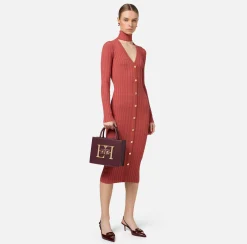 Elisabetta Franchi Midi Dresses|Knitted Dresses|Midi dresses in ribbed viscose fabric with button placket Eyeshadow