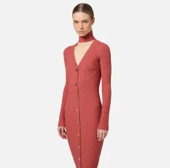 Elisabetta Franchi Midi Dresses|Knitted Dresses|Midi dresses in ribbed viscose fabric with button placket Eyeshadow
