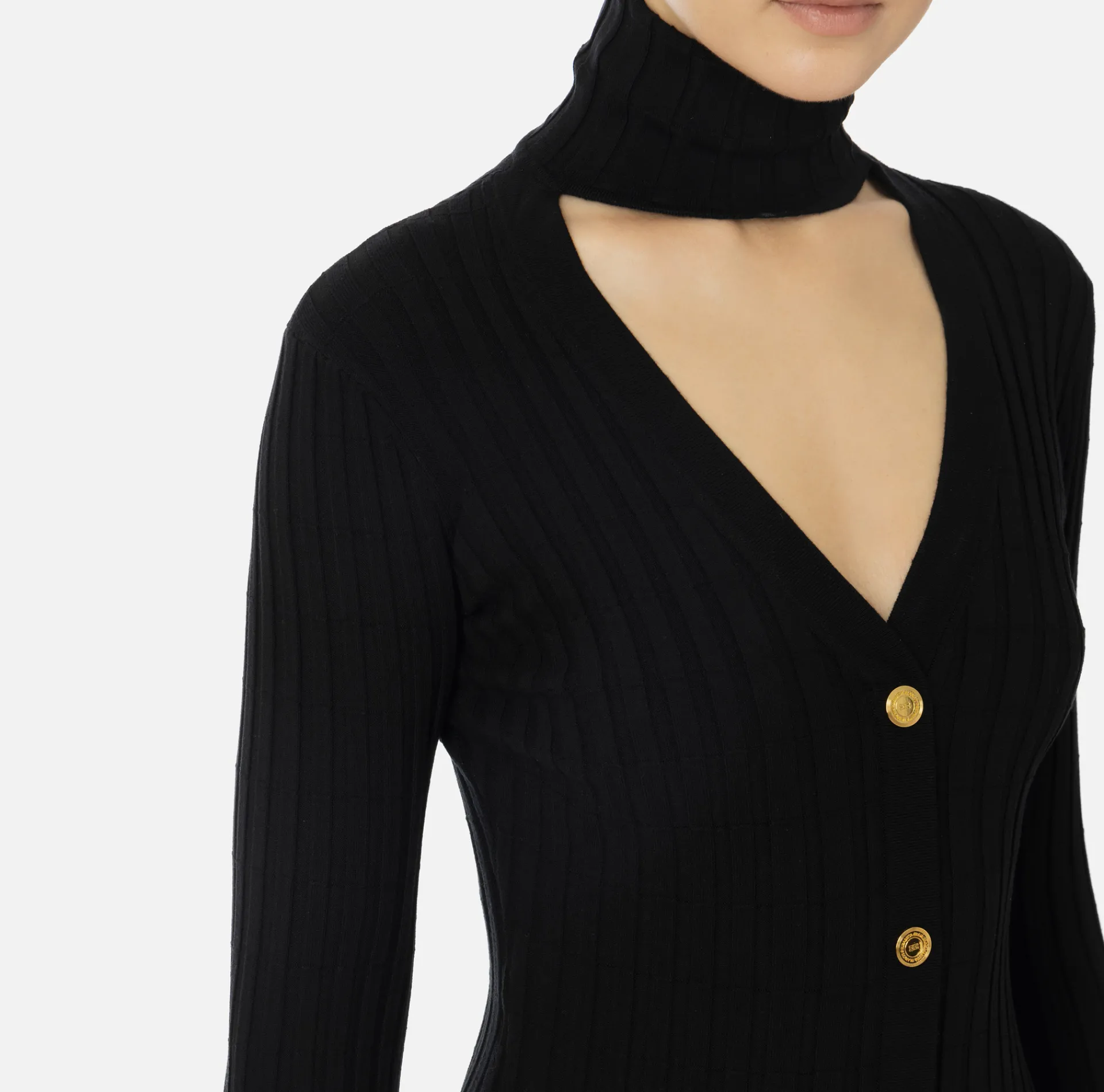 Elisabetta Franchi Midi Dresses|Knitted Dresses|Midi dresses in ribbed viscose fabric with button placket Black